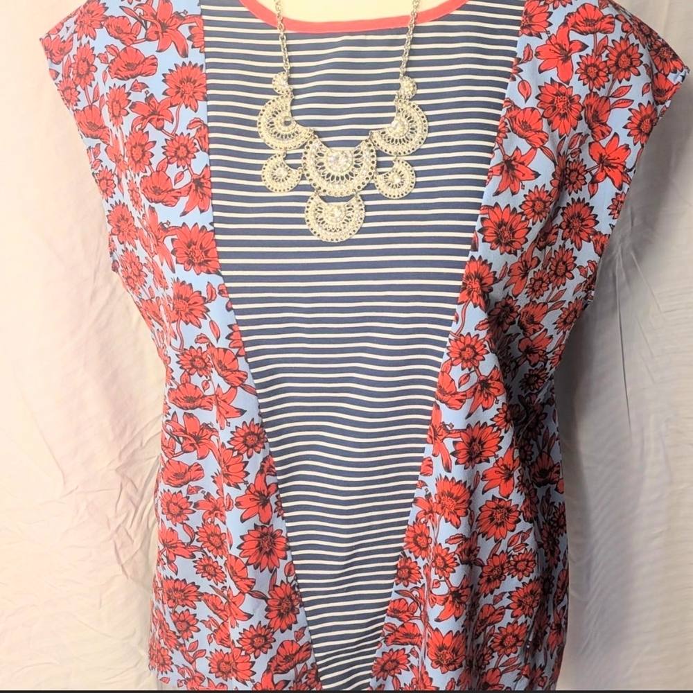 Alia Red Floral and Navy Striped Blouse